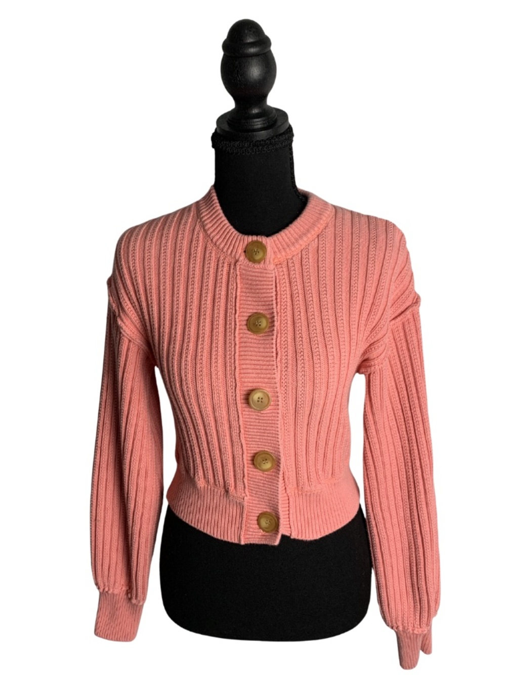 Free People Ribbed Cropped Cardigan in Coral Pink Oversized Buttons S Boho Chic